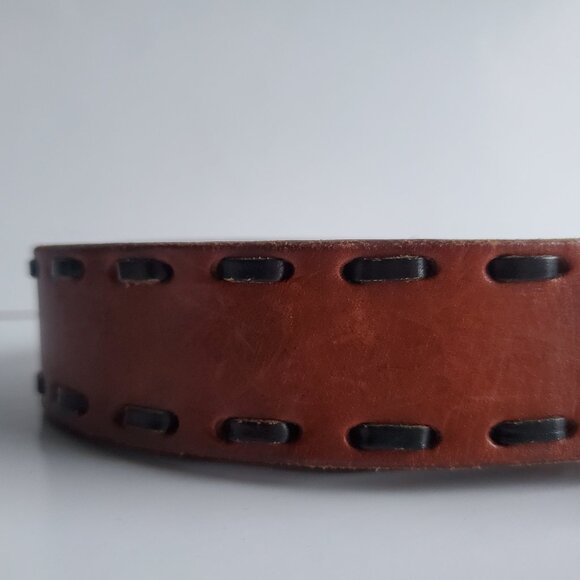 Vintage Brown Leather Belt ASK Hong Kong Black Contrast Stitch Silver Buckle - Picture 4 of 9